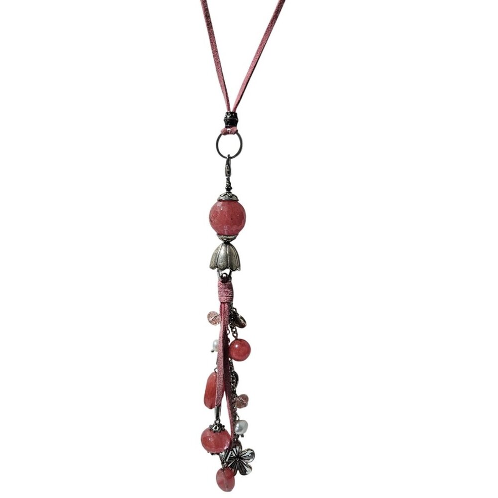 Boho Strawberry Flower Charm Necklace Pink Beaded Silver Tone Fashion Jewelry